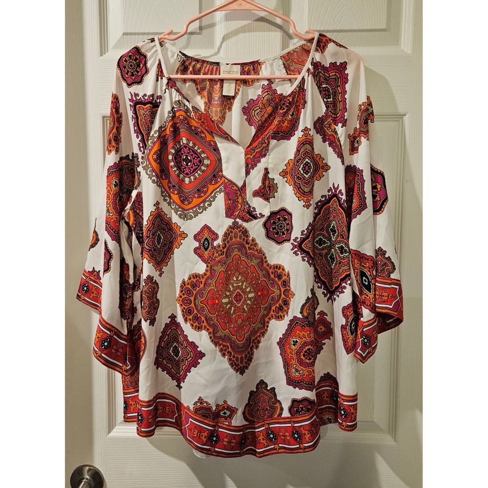 Chico's Boho Medallion Print Peasant‎ Blouse Women's 2 L 12-14 Bell Sleeve Tunic